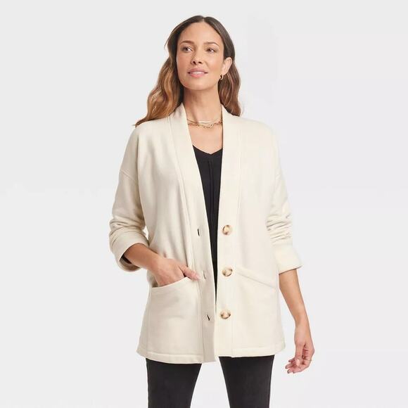 Knox Rose XS Long Sleeve Button-Front Fleece Jacket White Sand Grandpa - Picture 1 of 9